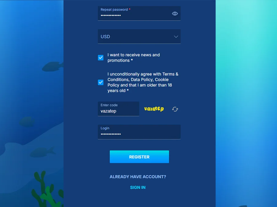 Registration form showing required consents, CAPTCHA field, and Register button
