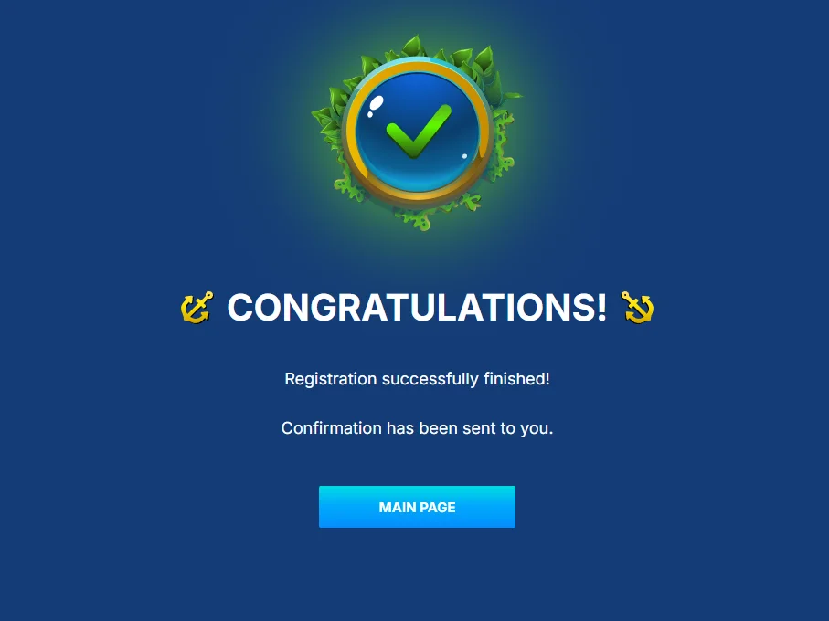 Registration success confirmation with checkmark and Main Page button